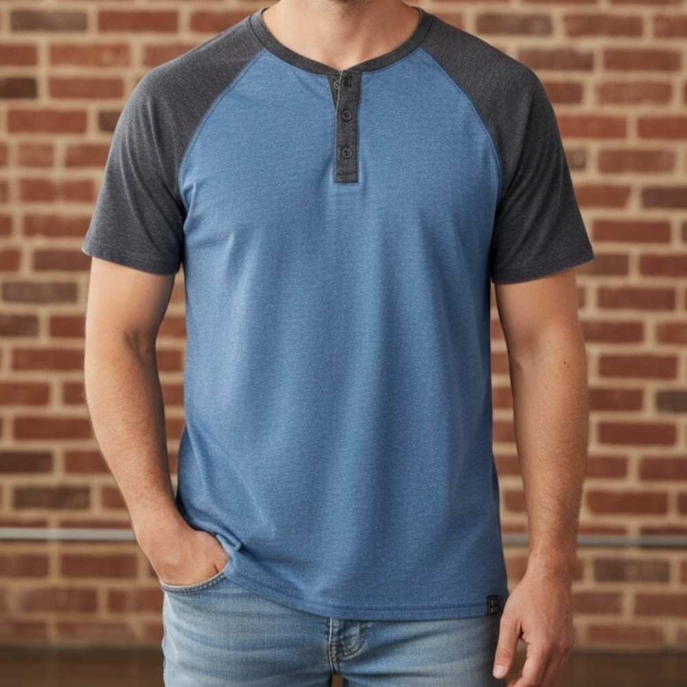 Flag & Anthem T-Shirt Men's 2 Tone Blue Gray Henley Short Sleeve Lightweight, S